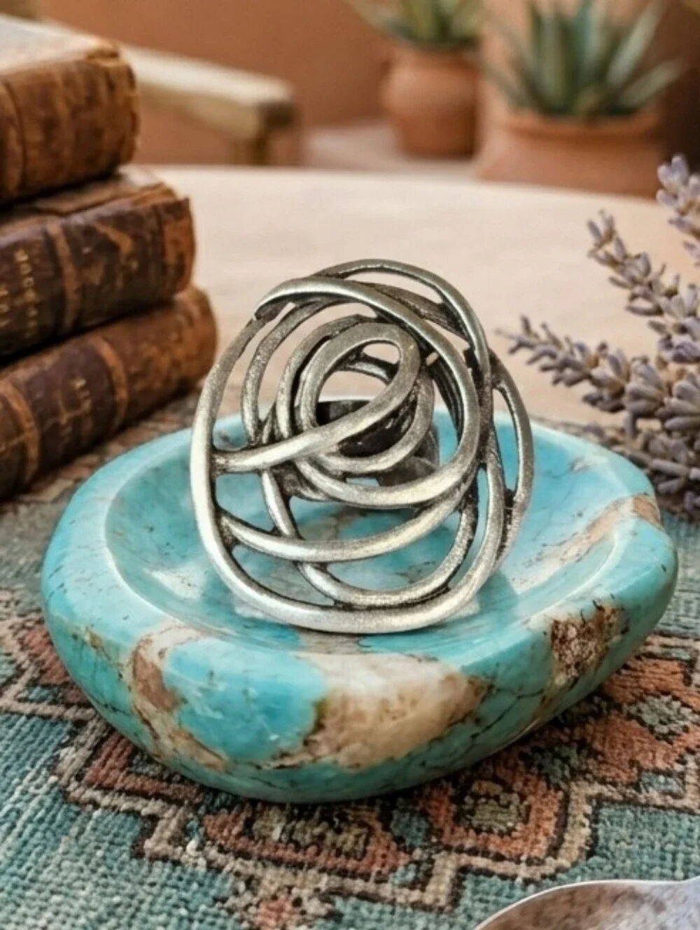 Turkish Zamak Rose Ring Large Statement Adjustable Boho Western Antiqued Silver